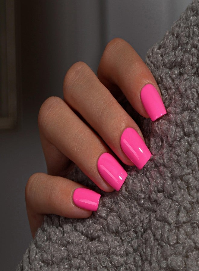 KQueenest Hot Pink Press On Nails Medium Square - Acrylic Press On Nails Short Coffin, Sheer Bright Neon Pink Fake Nails with Glue, Vibrant Opaque, Reusable Soft Gel Glue on Nails for Women, 28 Pcs - Image 1